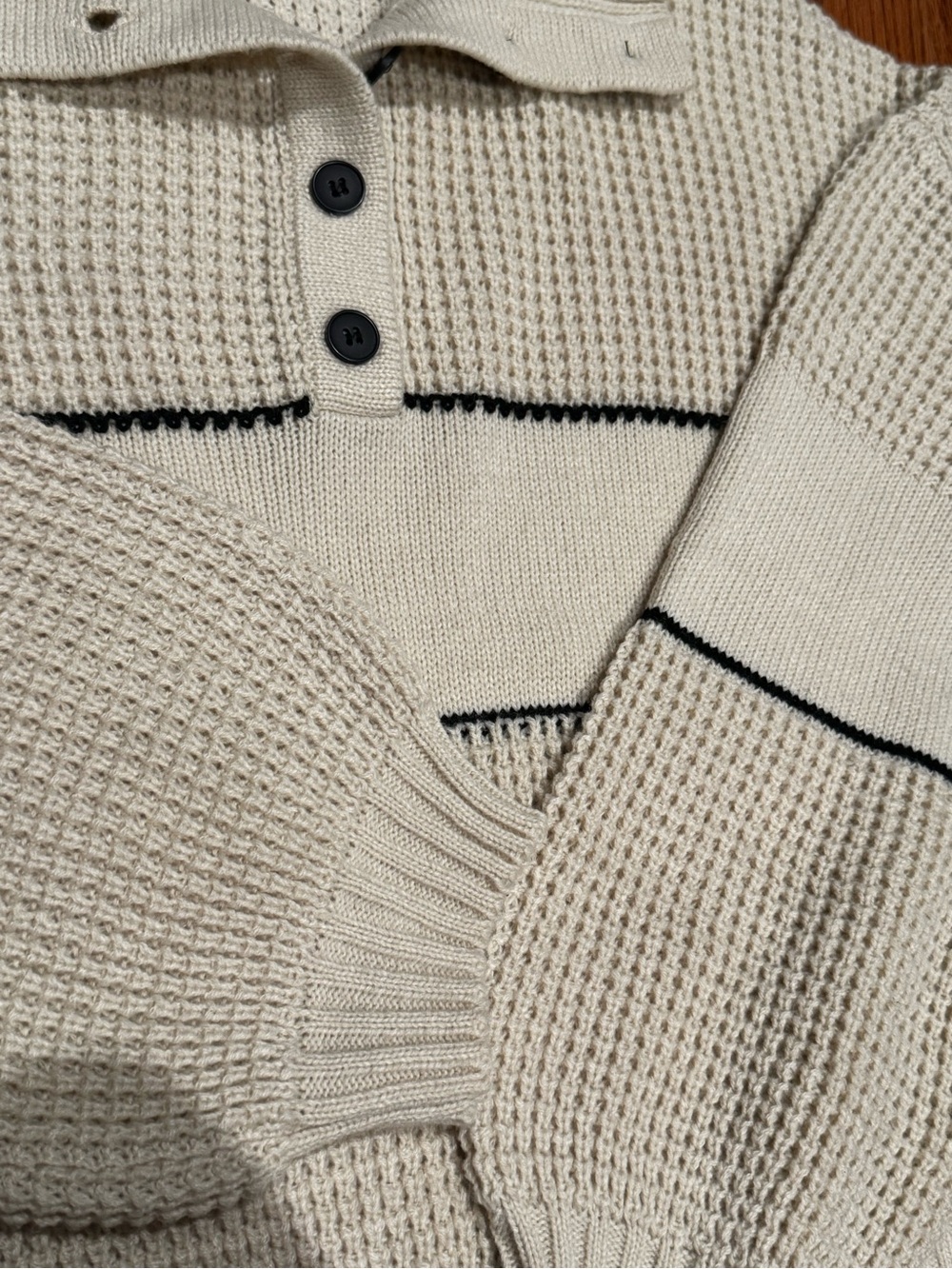 Cupshe Cream Knit Collared Button Cowl Sweater with Black Stripes - Picture 5 of 5